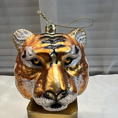 #ad Tiger Head Figural Polish Glass Christmas Ornament Wild Cat Animal Decoration $32.00