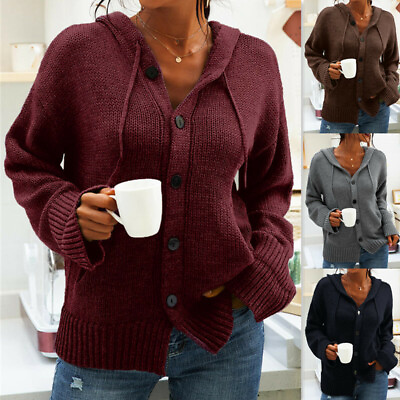 #ad Women Button Hoodie SweatShirt Jacket Coat Hooded Sweater Slim Knit Top Cardigan $38.80
