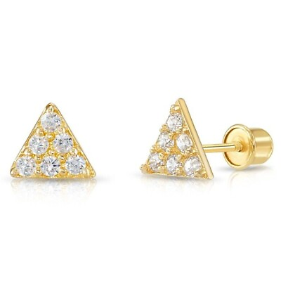 #ad 14K Real Solid Gold Pave CZ Small Triangle Iced Sleeper Studs Earrings Screwback $64.50
