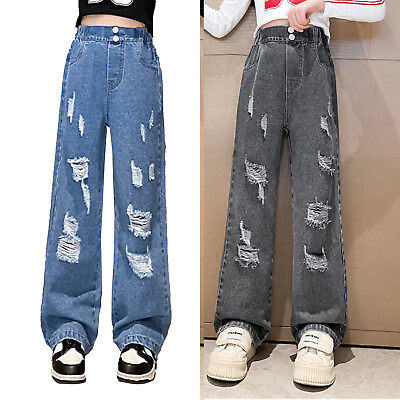Girls Pants Straight Kids Pants Loose Denim Trousers Elastic Waist Jeans Pants #ad $17.72