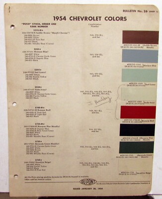 #ad 1954 Chevrolet Paint Chips By DuPont Color Bulletin No 26 Original $20.66