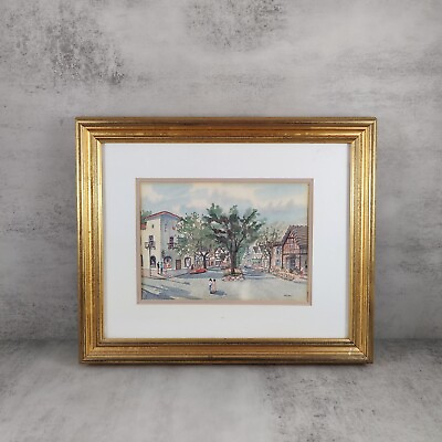 #ad Vintage Art Print Framed Matted Cityscape Landscape Tree Signed Marshall $10.00