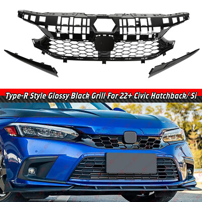 #ad FOR 22 23 HONDA CIVIC SI amp;HATCHBACK TYPE R STYLE GLOSS BLACK FRONT GRILLE GRILL $106.99