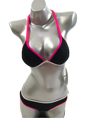 #ad California Waves Padded Two Piece Bikini Swimsuit Medium Black Pink Orange NEW $16.00
