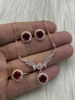 7Ct Cut Round Lab Created Garnet Necklace Ring 14K Rose Gold Plated Silver $375.00