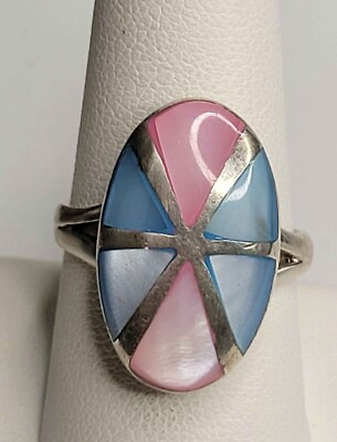 #ad Beautiful Pink Sterling Silver Ring inlay Mother of Pearl Ring Size 9 $65.00