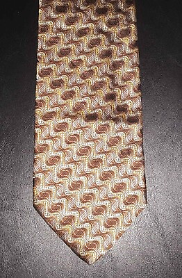 #ad Stefano Milano Tie Silk Geometric Wavy Line Design Brown Gold Ivory NIB t4605 $29.79