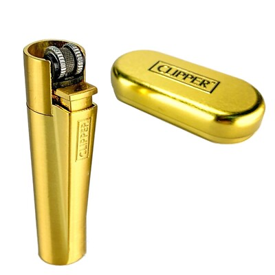 #ad 1 x Full Size Refillable Metal Clipper Lighter Gold with Lighter Box Tin $12.95