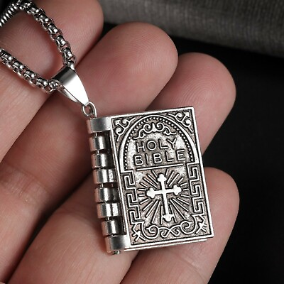 #ad Vintage Silver Cross Bible Book Pendant Necklace Unique Jewelry For Men Women $11.99