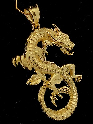 #ad 10k Yellow White or Rose Gold Solid Detailed 3D Good Luck Dragon Pendant 1.4quot; $307.99