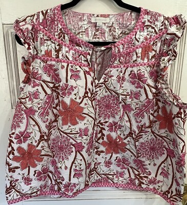 #ad Jennifer amp; Grace Floral Cap Sleeve Top XL Front Tie Embroidery boho $10.49