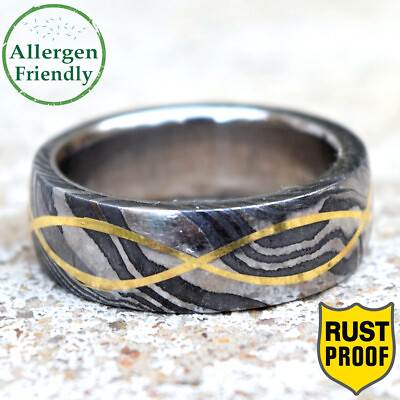 #ad Customized 1mm Infinity Gold Brass Inlay Damascus Steel Ring Band Silver Sleeve $89.00