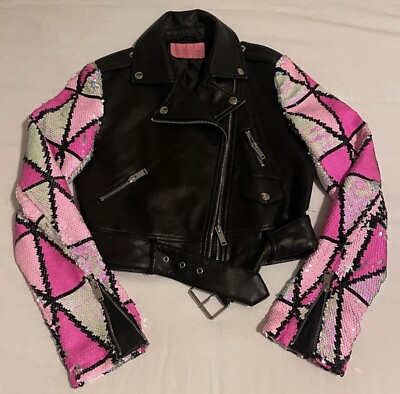 AKIRA Pink amp; Silver Sequin Sleeve Leather Jacket $65.00