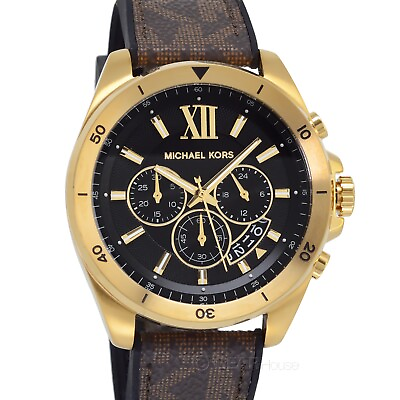 #ad Michael Kors Brecken Mens Gold Chronograph Watch Black Dial Brown Silicone Band $106.80