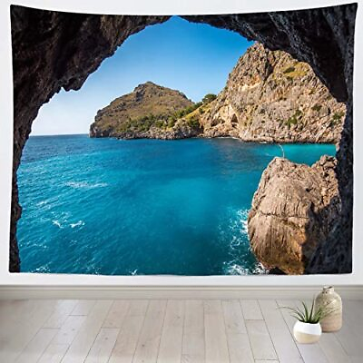 #ad 80x60in Fabric Sea Cave Tapestry Wall Hanging Cave View Scenery Tapestry Beac... $25.55