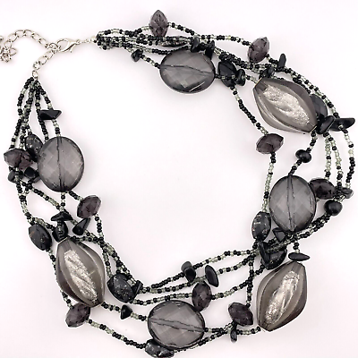 #ad Black Silver Smoke Resin Pebble Stone Faceted Glass Layered Seed Bead Necklace $14.99