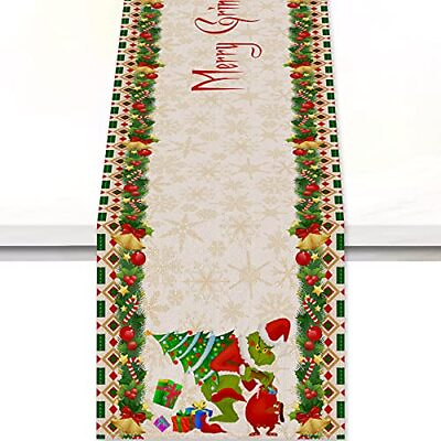 #ad Christmas Table Runner Merry Grinchmas Elf Table Cloth Winter Holiday Party $11.37