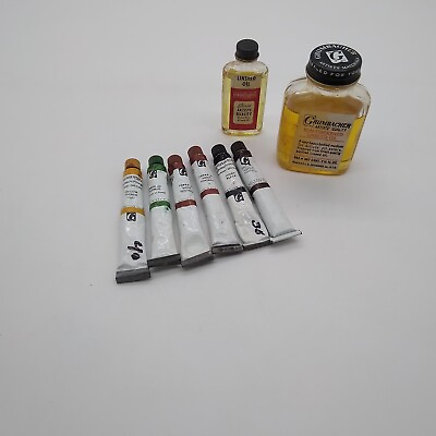 #ad grumbacher oil paints 6 tubes and 2oz linseed oil and 1oz Perm Pigment oil Lot $25.00
