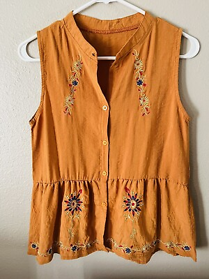 #ad BOHO HIPPY Sleeveless Orange Tunic Top Blouse Embroidery Flowers  Buttons Size S $9.99