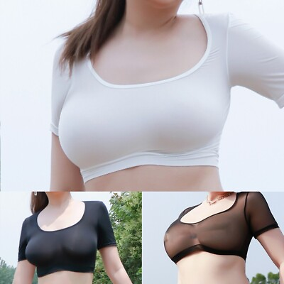 #ad Women#x27;s Ice Silk Mesh Sheer Crop Top T Shirt Blouse Tee Sexy LingerieNightwear $10.73