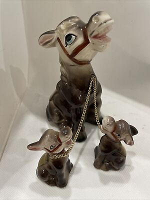#ad Vintage Figurine Set Mama Donkey Jenny amp; Two Baby Foals on Chains Made In Japan $35.99