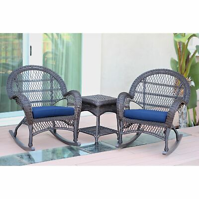 #ad 3pc Santa Maria Espresso Rocker Wicker Chair Set Blue Cushions $419.99