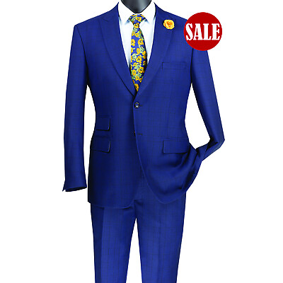 HAS TO GO Luxurious Men#x27;s Modern Fit Windowpane Suit Blue 48 Regular $299 $69.95