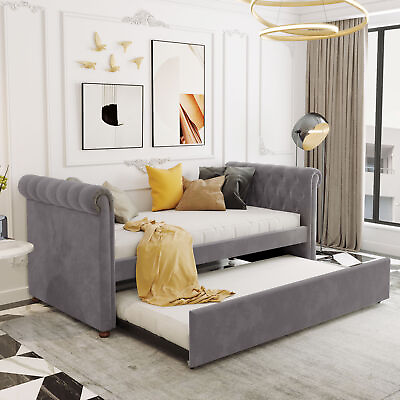 #ad Modern Twin Size Upholstered Daybed with Trundle Sofa Bed Wooden Slatted Gray US $418.99