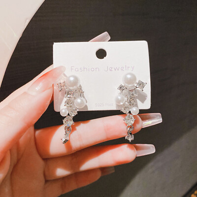 #ad S925 Silver Needle Zircon Pearl Earrings Sparkling Studs for Women#x27;s Fashion $8.32