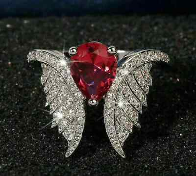 3CT Pear Cut Lab Created Red Garnet Two Wings Women#x27;s Ring 14k White Gold Plated $113.99