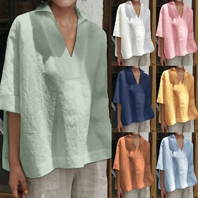 #ad Plus Size Women#x27;s Cotton Linen Blouse Tops Ladies Short Sleeve Casual T Shirt $19.51