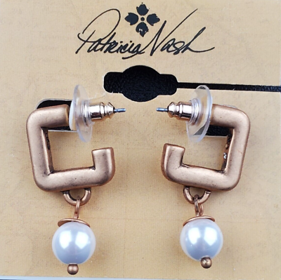 #ad NWT Patrisia Nash Geometric Hoop Dangle Earrings Freshwater Pearl Satin Copper $32.00