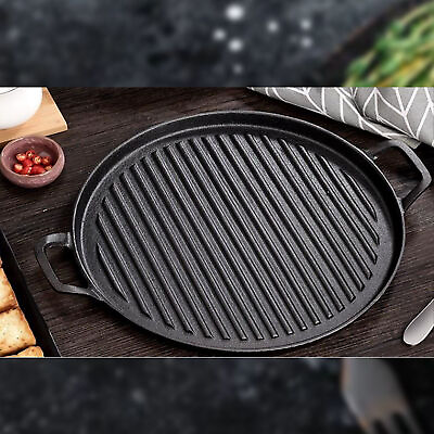 #ad Cast Iron Frying Pan Dual HandleRibbed Round Cast Iron Griddle For Gas Electric $57.71