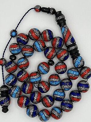#ad Black Coral Yusr Prayer Beads Inlaid Silver 925 Red Coral Turquoise Lapis Lazuli $299.00
