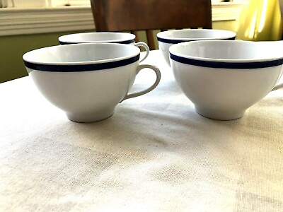 #ad 4 Seltmann Weiden Germany Porcelain Coffee Tea Cups White Blue Stripes 10 Ounce $46.94