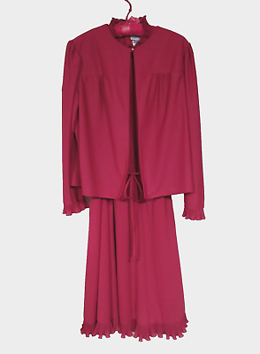 #ad Sz 18 1 2 Vintage 70s Pink Magenta SS Poly Secretary Dress w Long Sleeves Jacket $34.99