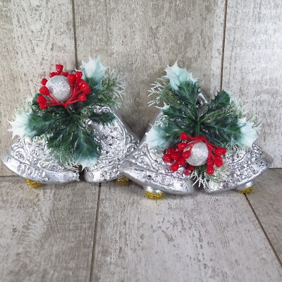 #ad Vintage Soft Plastic Noel Silver Bells with Greenery Wall Hanging Decor 6quot; $20.00