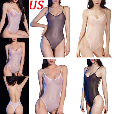 #ad #ad US Women Sheer Low Cut Backless Thong Bodysuit Lingerie High Cut Leotard Catsuit $3.71