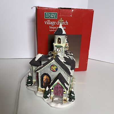 Holiday Home Christmas Village Bisque Porcelain Church w Light amp; Box $19.99