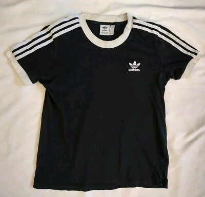 Adidas Black amp; White Stripe Retro Ringer with Trefoil T Shirt Short Sleeve Sz S $18.99