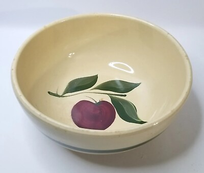 #ad Vintage WATT 73 Oven Ware Apple Pottery Art Serving Bowl Leaves Green Stripe USA $29.99