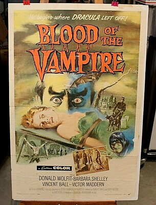 #ad ORIGINAL POSTER BLOOD OF THE VAMPIRE 1sh 1958 he begins where Dracula left off $165.00
