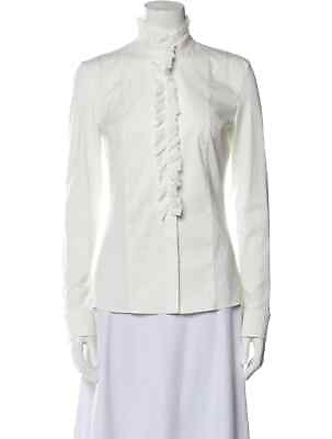 #ad Akris Punto Womens White Cotton Ruffle Button Down Mock Neck Blouse Top US 8 40 $79.95