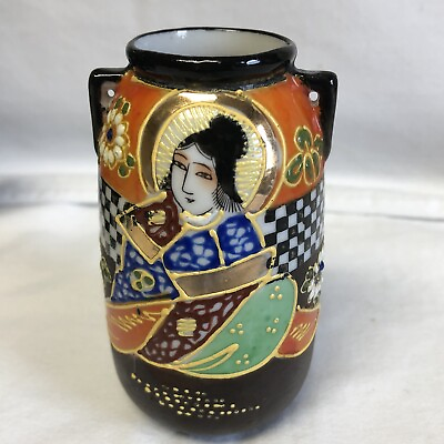 Antique 1920s Moriage Hand Painted Brown Deity Empress Vase ￼ Japan 3.75” $8.95
