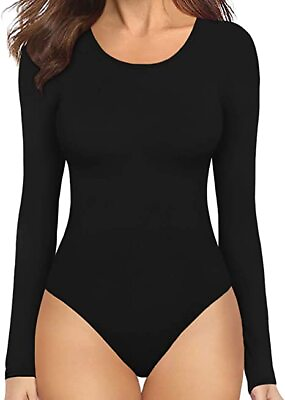 Womens Long Sleeve Leotard Bodysuit Bodycon Crew Neck Solid Black Jumpsuits Top $8.54