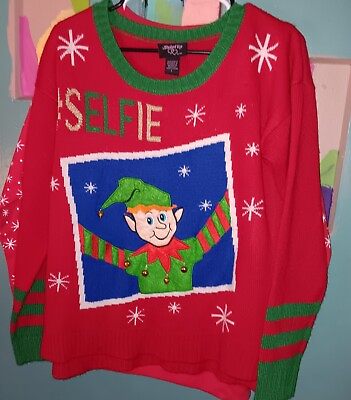#ad Hooked Up Selfie Christmas Elf With Bells Red Multi Co Long Sleeve Sweater Large $10.00