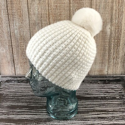 #ad Handmade Crochet Beanie Real Fur Pom Pom Hat Ski Cap Wool blend Metallic White $34.99