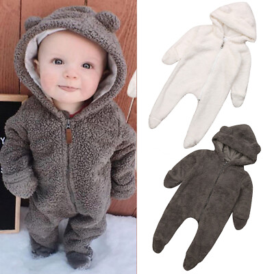 #ad Newborn Baby Romper Jumpsuit Boy Girl Bear Hooded Zip Bodysuit Clothes Outfits GBP 11.99