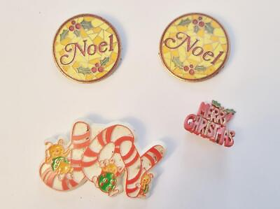 #ad 4 Vintage Christmas Pins Brooches Enamels Plastic Noel Candy Canes Joy Merry $8.98