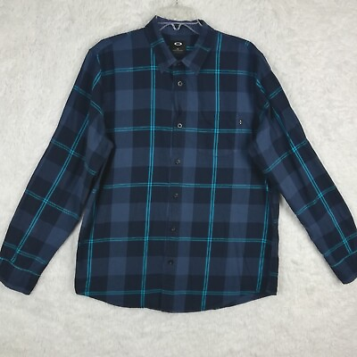 #ad Oakley Mens Shirt Button Down Oxford Blue Plaid Regular Fit Long Sleeve L $14.39